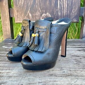 Prada Black Leather Tassel Platform Peep Toe Mules